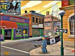 Zaraz po opuszczeniu biura skierowali się w stronę niewielkiej ślepej uliczki znajdującej się po lewej stronie - Część III - Psychoterapia grupowa | Sam & Max Season 1 - Culture Shock - Sam & Max: Season 1 - Culture Shock - poradnik do gry