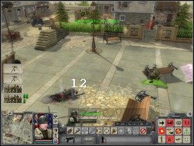 Po oczyszczeniu rynku należy ufortyfikować żołnierzy za przeszkodą widoczną na screenie (14) i poczekać na przybycie czołgu (15) - Misja 2 | Kampania aliancka | Faces of War Oblicza Wojny - Faces of War: Oblicza Wojny - poradnik do gry