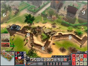 Po chwili pojawią się barki, a jednostki przejadą główną ulicą (9) w stronę prawej krawędzi minimapy - Misja 8 | Kampania aliancka | Faces of War Oblicza Wojny - Faces of War: Oblicza Wojny - poradnik do gry