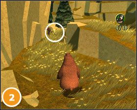 Gdy dotrzemy do trzeciej, ostatniej w tej misji odznaki #3 , rzucamy w nią Elliotem - [Misje] Wezwanie do walki, Bitwę czas zacząć | Sezon na Misia - Sezon na Misia - poradnik do gry