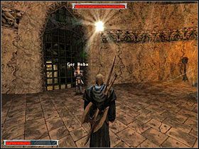 Po wyjściu z krwawej komnaty spotkasz dwa pełzacze świątynne (obrazek z lewej) oraz pilnującego bramy Gor Boba (obrazek z prawej) - Strażnicy portalu (5) | Rozdział 5 | Gothic - Gothic - poradnik do gry