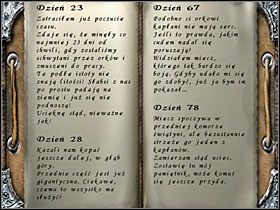 Idąc dalej dostrzeżesz jaskinię prowadzącą w dół (obrazek z lewej) oczywiście idziesz tam, by na półpiętrze znaleźć kolejną skrzynię, a w niej dziennik (obrazek z prawej) - Strażnicy portalu (5) | Rozdział 5 | Gothic - Gothic - poradnik do gry