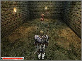 Na dole (obrazek z lewej) będziesz miał dwie drogi, wybierz tę po prawej i w trzecich drzwiach po lewej znajdziesz Stonea (obrazek z prawej) - Strażnicy portalu (7) | Rozdział 5 | Gothic - Gothic - poradnik do gry