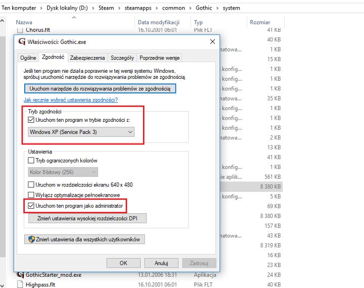 W właściwościach pliku Gothic.exe ustaw zaznaczone opcje. - Jak uruchomić Gothica na Steam i na nowych Windowsach? - Gothic - poradnik do gry
