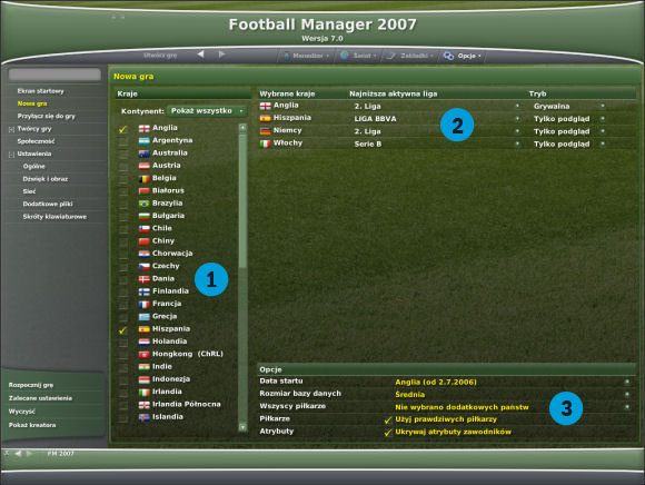 Najważniejsze są trzy zaznaczone pola - Kreacja menedżera, wybór ligi i zespołu - Przygotowania - Football Manager 2007 - poradnik do gry