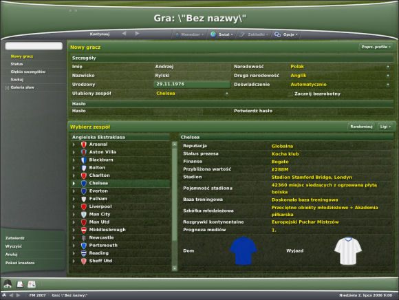 Tutaj żadna z rubryk nie wymaga tłumaczenia, przejdę więc od razu do podpowiedzi - Kreacja menedżera, wybór ligi i zespołu - Przygotowania - Football Manager 2007 - poradnik do gry
