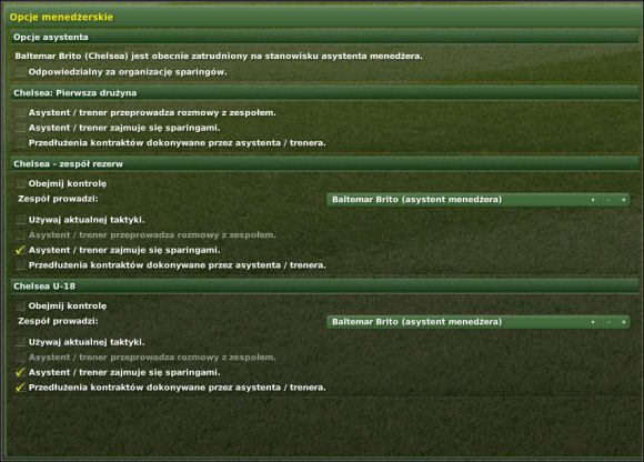 Tutaj decydujemy, kto i w jakim stopniu zajmuje się poszczególnymi drużynami w naszym klubie - Opcje menedżera - Przygotowania - Football Manager 2007 - poradnik do gry