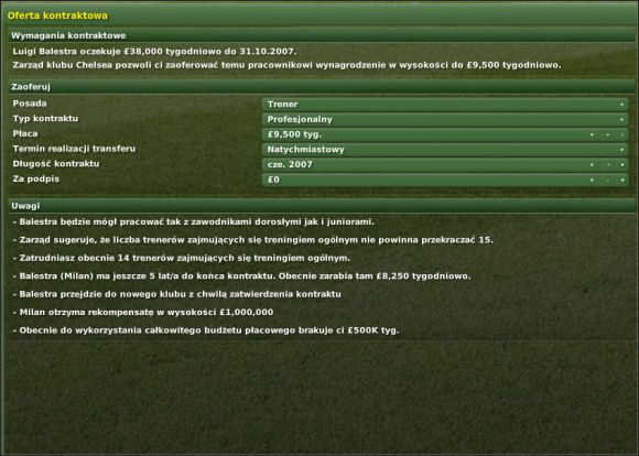 W kolejnych rubrykach znajdujemy - Zatrudnianie członków sztabu szkoleniowego - Zatrudnianie i negocjacje - Football Manager 2007 - poradnik do gry