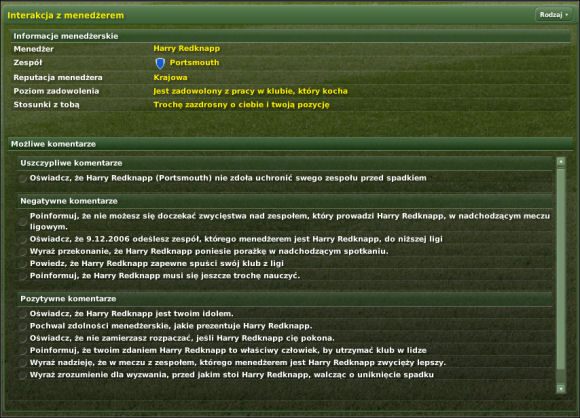 Okno składa się z dwóch głównych sekcji - Prasa i rywale - menedżerowie - Menedżer - Interakcje - Football Manager 2007 - poradnik do gry
