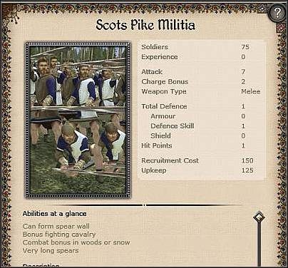 Heavy Pike Militia ( 23 ) - Jest to frontowa wersja jednostki Scots Pike Militia - Szkocja - Miasto (1) | Nacje w Medieval II Total War - Medieval II: Total War - poradnik do gry