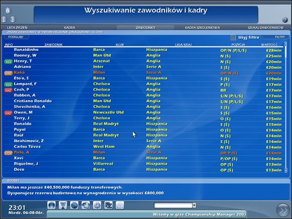 Wyszukiwanie zawodników i kadry. - Wyszukiwanie kadry | Transfery Championship Manager 2007 - Championship Manager 2007 - poradnik do gry