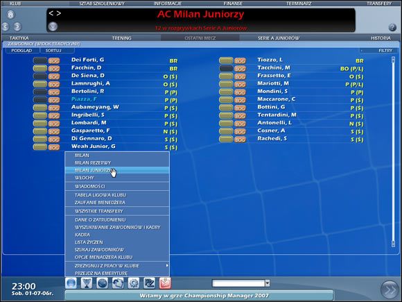 Pamiętaj, że to Ty decydujesz, kiedy dany zawodnik gra w drużynie rezerw czy juniorów, a kiedy reprezentuje klub grając w pierwszym składzie! - Pytania i odpowiedzi | Podstawy rozgrywki Championship Manager 2007 - Championship Manager 2007 - poradnik do gry