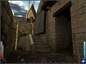 Wnęka po prawej kryje klatkę schodową, przechodnia z wejściem do lokali zacnych obywateli. Myśl niecna, więc ostrożność nie zawadzi. - The Gate of Stonehelm (3) | Rozdział 1 | Dark Messiah of Might and Magic - Dark Messiah of Might and Magic - poradnik do gry