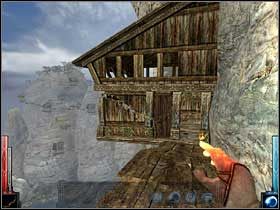 Z pieczary na daszek tego domku, a potem do środka. Zalecam wielką rozwagę, gdyż jak widać chałupka nie jest w najlepszym stanie technicznym. - The Temple of the Spider (13) | Rozdział 5 | Dark Messiah of Might and Magic - Dark Messiah of Might and Magic - poradnik do gry