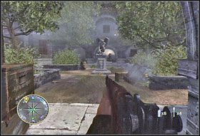 W głównym pomieszczeniu skryjcie się za wozem (#1) i stamtąd prowadźcie ostrzał, aż oczyścicie sobie drogę - [Rozdział IV] Mayenne Bridże cz.1 | Call of Duty 3 - Call of Duty 3 - poradnik do gry