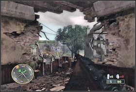 Kiedy nadjedzie czołg, wyjdźcie z budynku w lewo i kontynuujcie defensywę, wykorzystując w charakterze tarczy stojące w pobliżu samochody (#1) - [Rodział X] Crossroads cz.2 | Call of Duty 3 - Call of Duty 3 - poradnik do gry