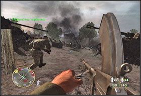 Na początek wejdźcie do czołgu (#1) i korzystając z jego uzbrojenia, rozprawcie się z nadjeżdżającymi wrogimi pojazdami - [Rozdział XIII] The Mace cz.1 | Call of Duty 3 - Call of Duty 3 - poradnik do gry