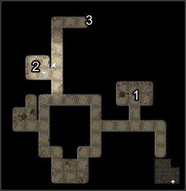 Miejsca godne uwagi na tej mapce do skrzynia ze zbroją (1) , kilka ciekawych zwojów (2) oraz sam cel twojej podróży - kaplica jaszczurów (3) - Zachodni Port | Prolog Neverwinter Nights 2 - Neverwinter Nights 2 - poradnik do gry
