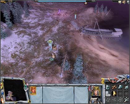 Pierwszy totem wraz z łucznikami. W tle widać rozstaje dróg, po lewej złoto, po prawej następne oddziały do uwolnienia. - Akt II Misja 2 - Zbieranie wojsk | Imperium | Warhammer Mark of Chaos - Warhammer: Mark of Chaos - poradnik do gry