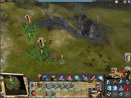 Na prawo od kawalerii widać szczątki piekielnej armaty. - Akt IV Misja 2 - Wyznawcy Nurgla | Imperium | Warhammer Mark of Chaos - Warhammer: Mark of Chaos - poradnik do gry