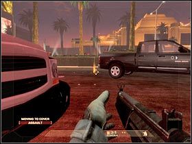 Osobiście radziłbym ustawić się niedaleko maski czarnego pick-upa i z tego miejsca zacząć eliminować pojawiających się wrogów (#1) - [Misja 2.1] Calypso Casino - The Strip cz.1 | Tom Clancys Rainbow Six Vegas - Tom Clancys Rainbow Six Vegas - poradnik do gry