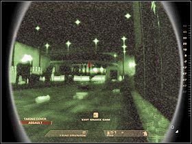 Ty powinieneś skierować się do lewego pomieszczenia, dzięki czemu będziesz mógł ustawić się w ukazanym na screenie miejscu (#1) - [Misja 3.3] Downtown Vegas - Mafia House cz.3 | Tom Clancys Rainbow Six Vegas - Tom Clancys Rainbow Six Vegas - poradnik do gry