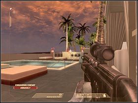 Do oznaczonego przez grę punktu będziesz mógł podejść wyłącznie od prawej strony (#1), tak więc bardzo istotne jest to żeby zabezpieczyć cały ten teren - [Misja 4.1] Vertigo Spire - Tower Assault cz.2 | Tom Clancys Rainbow Six Vegas - Tom Clancys Rainbow Six Vegas - poradnik do gry