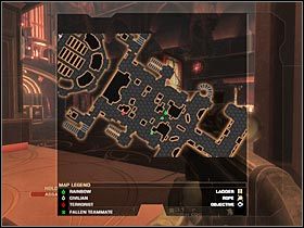 Teraz powinieneś skorzystać ze znajdujących się tu schodów, tak aby przejść na wyżej położony balkonik (#1) - [Misja 5.4] Dantes Casino - Data Hub cz.1 | Tom Clancys Rainbow Six Vegas - Tom Clancys Rainbow Six Vegas - poradnik do gry