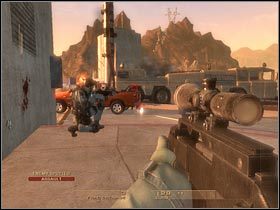 Postaraj się zlikwidować wszystkich tych przeciwników, którzy pojawią się po lewej stronie oraz przy ciężarówce z rakietą (#1) - [Misja 6.7] Nevada Dam - Top of the Dam cz.1 | Tom Clancys Rainbow Six Vegas - Tom Clancys Rainbow Six Vegas - poradnik do gry