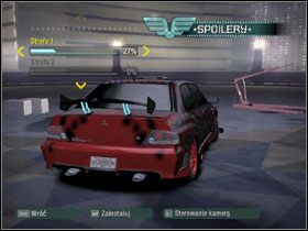Możemy własnoręcznie modyfikować felgi, przedni i tylni zderzak, progi, maskę, dachowe wloty powietrza, spoilery i wydech, a w przypadku muscle carów także obniżać dach pojazdu - Tuning | Podstawy rozgrywki Need for Speed Carbon - Need for Speed Carbon - poradnik do gry