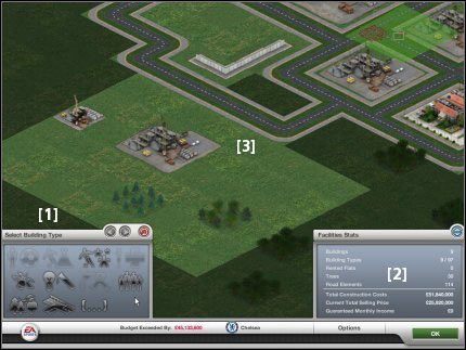 Po lewej stronie [1] znajduje się panel za pomocą, którego będziemy tworzyć nowe budynki - Infrastruktura wokół stadionu | Rozbudowa FIFA Manager 07 - FIFA Manager 07 - poradnik do gry