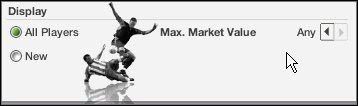 Okno (screen powyżej) umożliwia nam wyświetlenie wszystkich piłkarzy (All) lub też tylko nowych na liście transferowej (New), a także maksymalna cenę rynkową (Max Market Value) - Transfery | Klub FIFA Manager 07 - FIFA Manager 07 - poradnik do gry