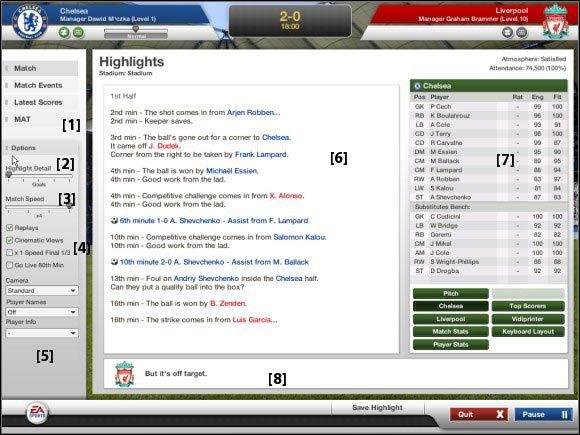 W tym miejscu [1] znajdują się podstawowe opcje rozgrywanego meczu - Pierwszy mecz | Drużyna FIFA Manager 07 - FIFA Manager 07 - poradnik do gry