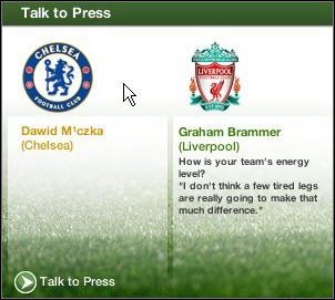 Widzimy, że nasz przeciwnik już wypowiedział się na temat dzisiejszego spotkania, teraz czas na nas, wybieramy opcje Talk to Press, a następnie dokonujemy wyboru spośród kilku gotowych tekstów na temat naszych rywali jak i naszej drużyny - Pierwszy mecz | Drużyna FIFA Manager 07 - FIFA Manager 07 - poradnik do gry