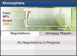 Atmosphere przedstawia za pomocą wykresu nastawienie zarówno kibiców (Fans) jak i zarządu (Board) wobec naszej osoby - Główny Ekran (2) | Początek FIFA Manager 07 - FIFA Manager 07 - poradnik do gry