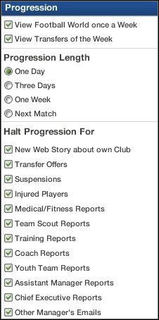 Okno Progression to nic innego jak opcje odpowiadające za szybkość postępu gry po wciśnięciu Proceed w prawym dolnym rogu ekranu - Opcje | Początek FIFA Manager 07 - FIFA Manager 07 - poradnik do gry