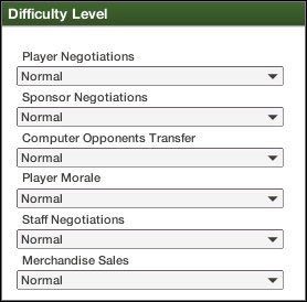 Po lewej stronie znajduje się okno z ustawieniami poziomu trudności - Poziom trudności | Początek FIFA Manager 07 - FIFA Manager 07 - poradnik do gry