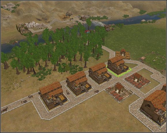 Nasz kopleks złotonośny. Niestety część kopalni złota trzeba postawić po drugiej stronie rzeki niż złoża - nasi górnicy będą musieli przechodzić przez most. Dzięki temu da się jednak postawić 4 kopalnie a nie 1. - 7. Nicomedia (cz.2) | Kampania - Imperium | Cezar IV - Cezar IV - poradnik do gry