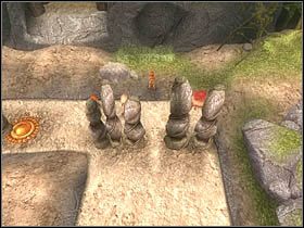 Najpierw skieruj go w lukę pomiędzy sterczącymi skałami (zdjęcie), następnie kolejno: w prawo, na dół i w lewo - [ETAP VIII] Lost in the Seven Lands - I cz.4 | Artur i Minimki - Artur i Minimki - poradnik do gry