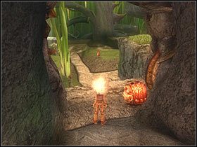 Gdy drzwi zostaną otwarte Artur będzie mógł strącić czerwonego stworka (po uprzednim nakarmieniu go mijanymi niedawno pomarańczowymi kulkami) - [ETAP V] First steps into the Seven Lands cz.3 | Artur i Minimki - Artur i Minimki - poradnik do gry