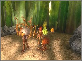 Po drodze, po prawej stronie miniesz zarośla odgradzające bohaterów od pomarańczowych kulek - zetnij je - [ETAP V] First steps into the Seven Lands cz.3 | Artur i Minimki - Artur i Minimki - poradnik do gry