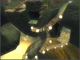 przejdź po krętej, drewnianej kładce (podczas jej pokonywania wiedz, że nie jest w najlepszym stanie i będziesz musiał przeskoczyć uszkodzony fragment) - [ETAP III] Betameche in danger cz.2 | Artur i Minimki - Artur i Minimki - poradnik do gry