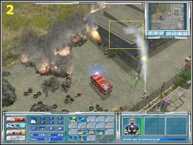 W pierwszej kolejności na miejsce zdarzenia wyślijmy ambulans, aby przetransportować sprawcę pożaru - [Misja 2] Skład opon płonie! | Emergency 4 Global Fighters For Life - Emergency 4: Global Fighters For Life - poradnik do gry