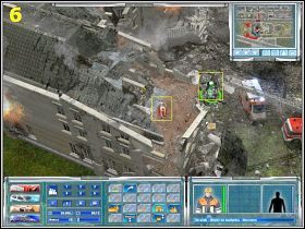 Większe kawałki gmachu bądź drzewa (5) mogą pod sobą skrywać ludzi, zatem nieodzowne jest sprowadzenie podnośnika hydraulicznego - [Misja 6] Atak bombowy na konferencji! | Emergency 4 Global Fighters For Life - Emergency 4: Global Fighters For Life - poradnik do gry