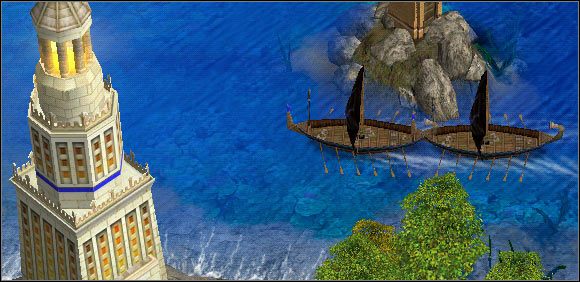 W kubraczkach korsarzy przez cieśninę. - Scenariusz 19 - Patrz pod nogi | Kampania | Age of Mythology - Age of Mythology - poradnik do gry