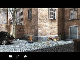 Mężczyzna podnosi jeszcze z ziemi gazetę z zeszłego tygodnia i podchodzi do drzewa rosnącego z boku budynku - Londyn - Podwórko - Undercover: Operation Wintersun - poradnik do gry