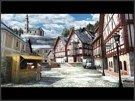 Wysiadłszy na dworcu w Heigerloch, John podnosi stojącą przy rogu budynku pustą miskę, po czym kieruje się do wyjścia (w lewo) - Rynek, gospoda, ulice (1) - Heigerloch - Undercover: Operation Wintersun - poradnik do gry