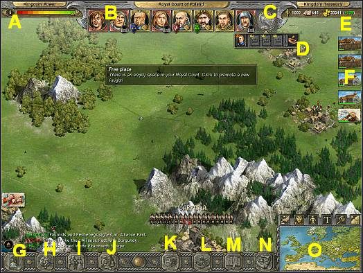 Wskaźnik potęgi królestwa ( A ) - Wskaźnik potęgi królestwa ilustruje to jak bardzo poważane jest królestwo gracza - Ekran główny | Podstawy gry Knights of Honor - Knights of Honor - poradnik do gry