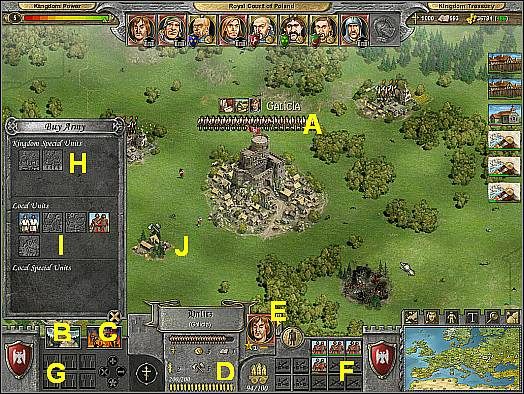 Liczba dostępnej populacji ( A ) - Liczebność każdej z prowincji symbolizowana jest przez ikony mieszkańców wyświetlane pod nazwą jej głównej osady - Przyciski | Prowincja w Knights of Honor - Knights of Honor - poradnik do gry