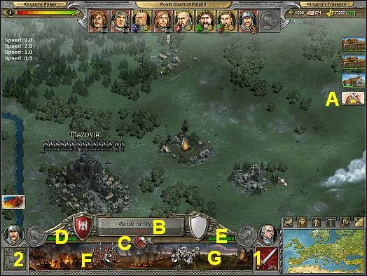 Ikona bitwy ( A ) - Ikona bitwy pojawia się za każdym razem, gdy wrogie sobie siły decydują się na walkę - Bitwa w trybie obserwatora | Wojna w Knights of Honor - Knights of Honor - poradnik do gry